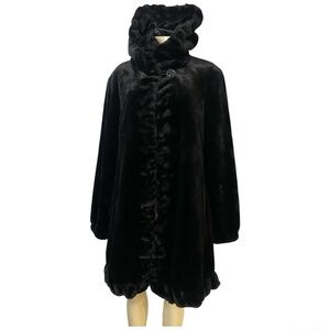 Vintage Y2K Betsey Johnson Faux Fur Coat Large Black Hooded Whimsigoth Long